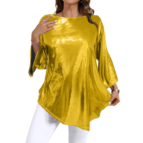 Ladies' Casual Solid Color Top - Gold Asymmetrical Hem, Three-Quarter Sleeves, Round Neck, Loose Fit for Daily Wear, Size XXL