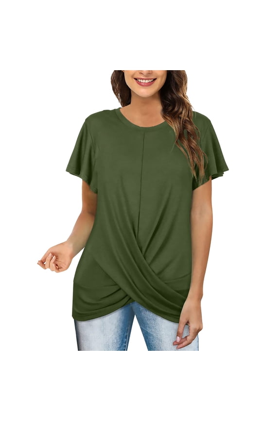 Ladies Casual Solid Color Twisted Crew Neck Loose T Shirt Top Fashion