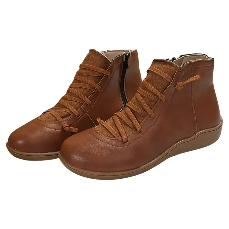 Ladies Casual Solid Color Zipper Strap Splicing Large Size Soft Leather Western Ankle Boots Short Boots Womens Boots Booties Lace up Real Leather Boots for Women Rain Boots for Women Size 9