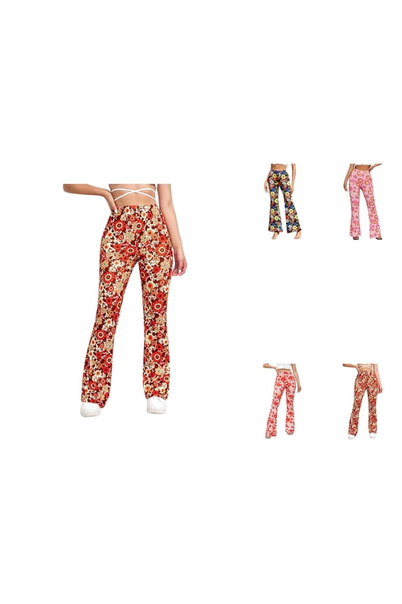 Ladies Casual Sports Comfortable Floral Print Bootcut High Waisted Yoga Pants, Wide Leg Flare Workout Pants for Women, Slim Palazzo Style, 100% Cotton
