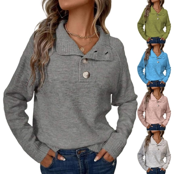 Ladies' Casual Stand Up Collar Knitted Sweater Solid Color Button Casual Loose Sweater for Fall Winter Easy Wear,Dark Gray,L