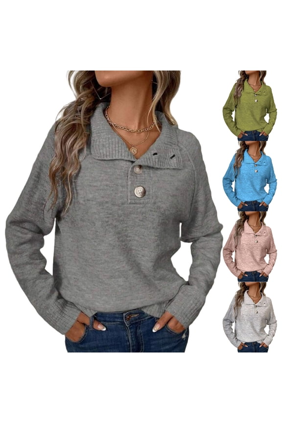 Ladies' Casual Stand Up Collar Knitted Sweater Solid Color Button Casual Loose Sweater for Fall Winter Easy Wear,Gray,XL