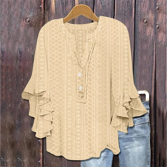 Ladies' Casual V Neck Solid Color Hollow Three Quarter Leaf Sleeve Loose T Shirt Top Women Ling Sleeve Tops U Neck Shirts for Women Sports Tee Tall Button down Shirts for Women Women's Button up Shirt