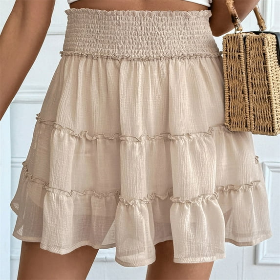 Ladies' Casual Vacation Style Pleated Leaf Skirt Solid Color Elastic Waist Slip Skirt Shorts Khaki XL