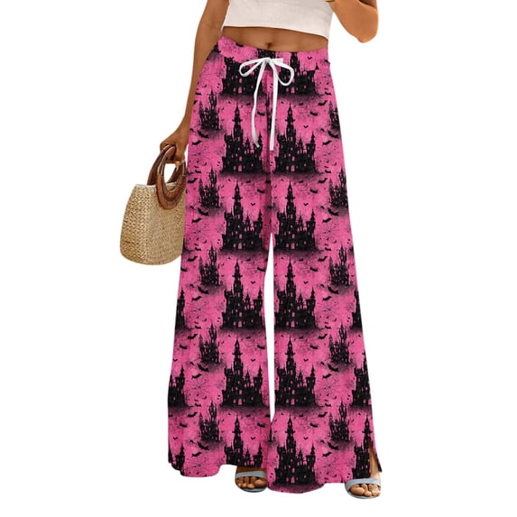 Ladies' Casual Wide Leg Pants Haunted House Bat Print Elastic Drawstring with Pockets Baggy Lounge Trousers for Fall Daily Comfort Travel Pink S