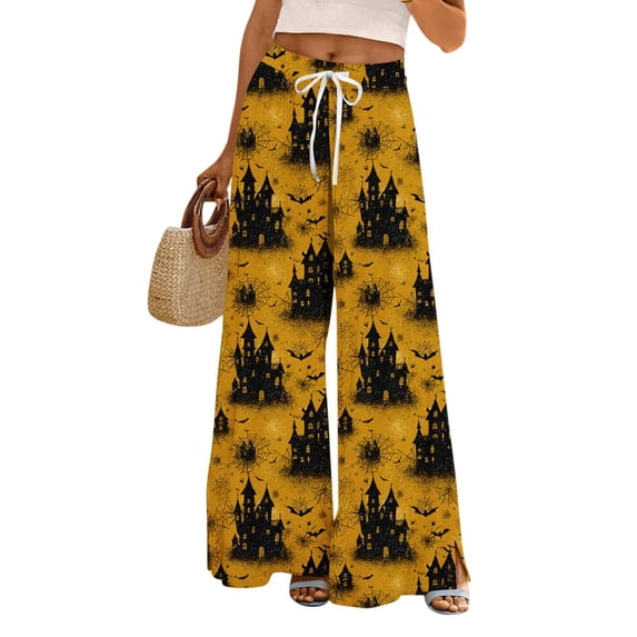 Ladies' Casual Wide Leg Pants Haunted House Bat Print Elastic Drawstring with Pockets Baggy Lounge Trousers for Fall Daily Comfort Travel Yellow S