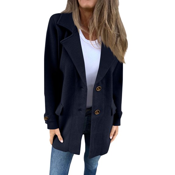 Ladies' Casual Wool Blend Coat - Loose Lapel Single Breasted Long Sleeve Jacket with Fake Pockets, Solid Color, Black, Size L