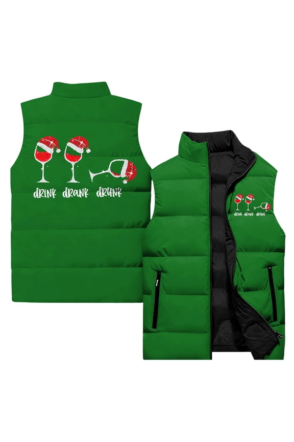 Ladies' Casual and Fashionable Sleeveless Vest with Christmas Print, Cotton Jacket for Everyday Wear and Outdoor Activities,Green,L