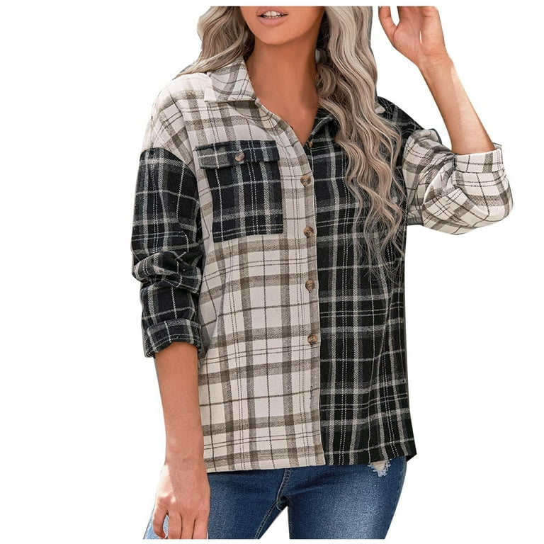Ladies Checked Shirt Button Down Long Sleeve Plaid Shirts V Neck Casual Loose Longline Blouses Ladies 2022 New Autumn Dressy Tops Walmart