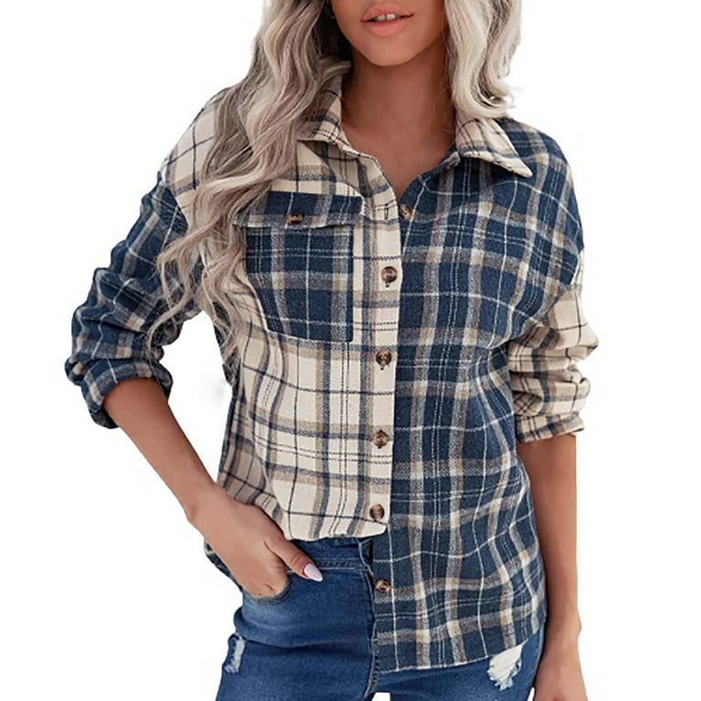 Ladies Checked Shirt Button Down Long Sleeve Plaid Shirts V Neck Casual  Loose Longline Blouses Ladies 2022 New Autumn Dressy Tops