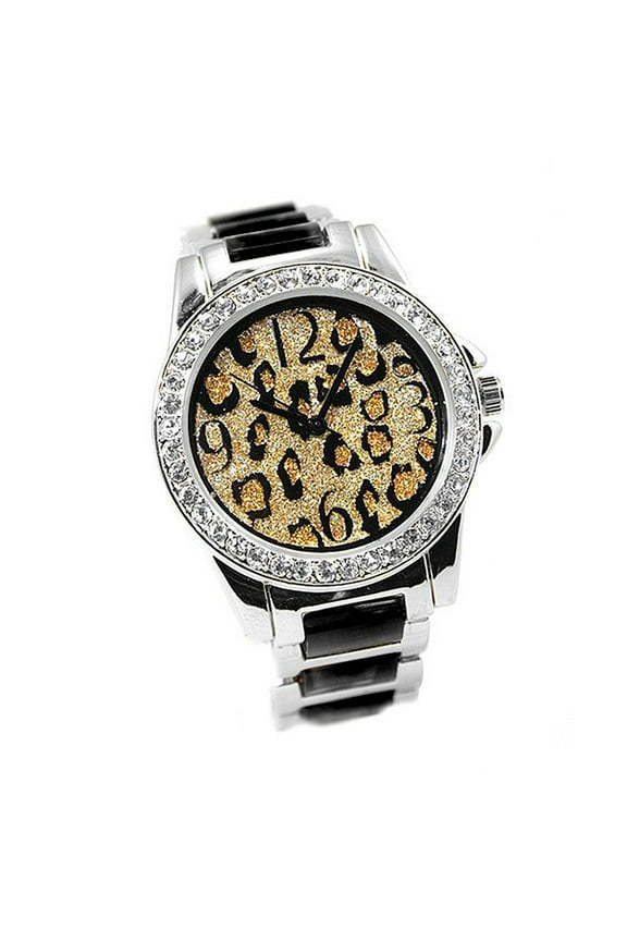 Ladies Cheetah Spotted bling dial silver-tone clubbing watch 36mm 11mm thick case. CZ bezel, 18mm wide silver-tone metal with black acrylic link braclet fits 7.5 inches wrist.