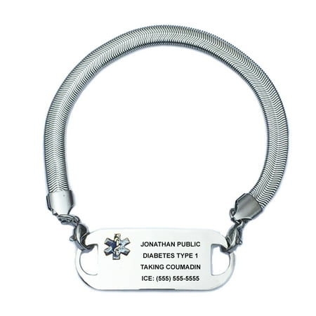 Ladies Chevron Stainless Steel Medical Alert ID Bracelet with Engraving Plate. Custom Engraved!