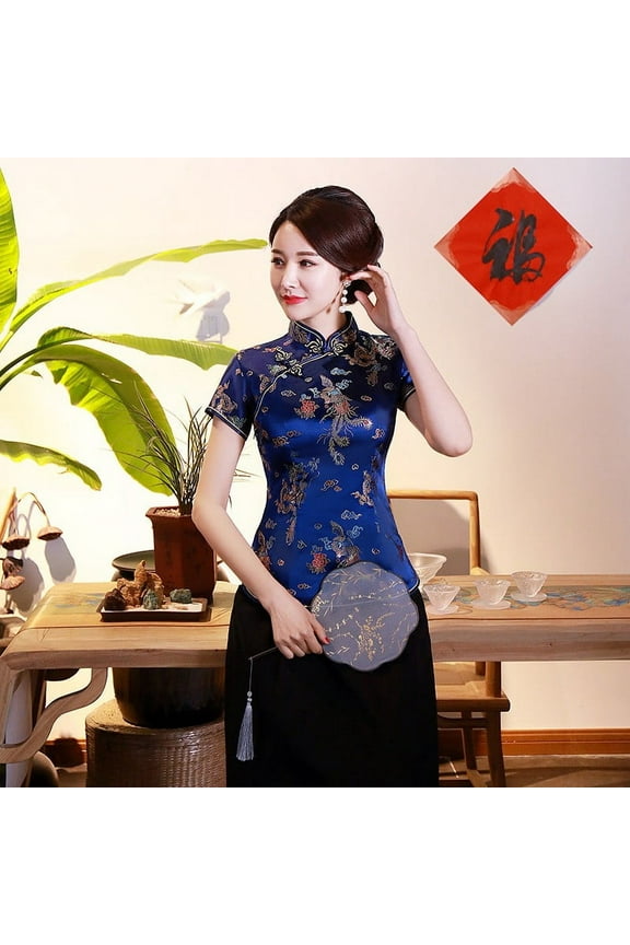 Ladies Chinese Tops Dragon Phoenix Traditional Tang Style Blouse Satin Shirt