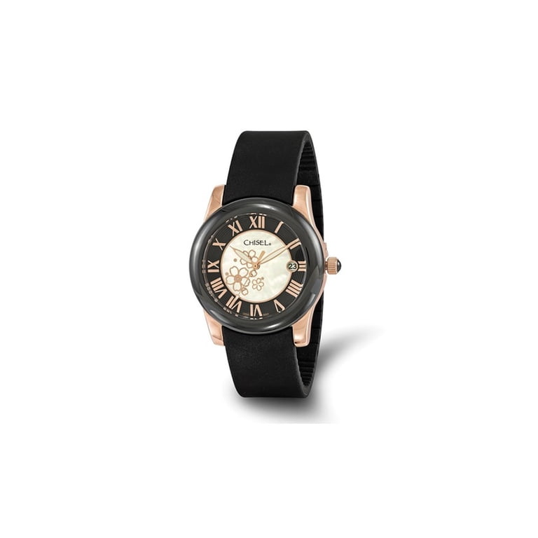 Chisel Ladies Rose IP-plated Floral Dial Black Strap Watch Vintage Flower Leather Watch, Vintage Rose Watch, Floral  main image 4