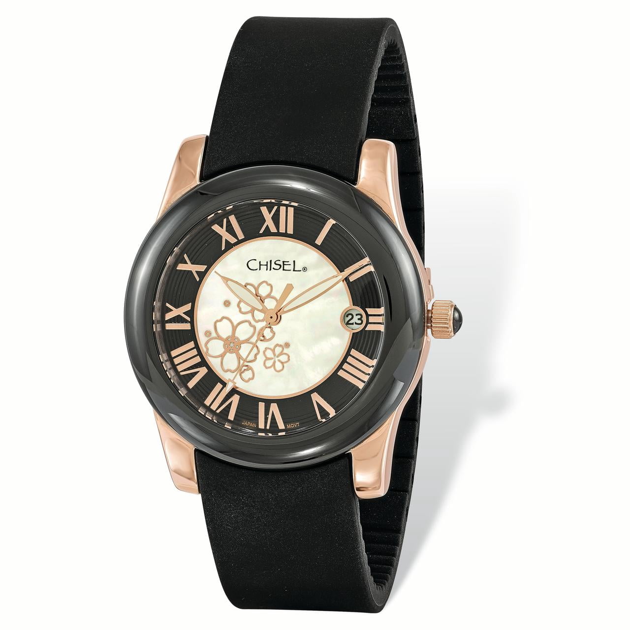 Ladies Chisel Rose IP-plated Floral Dial Black Strap Wrist Watch 8.25 in Length Laura Ashley Womens 32mm Engraved Floral Printed Mesh Strap  main image 4