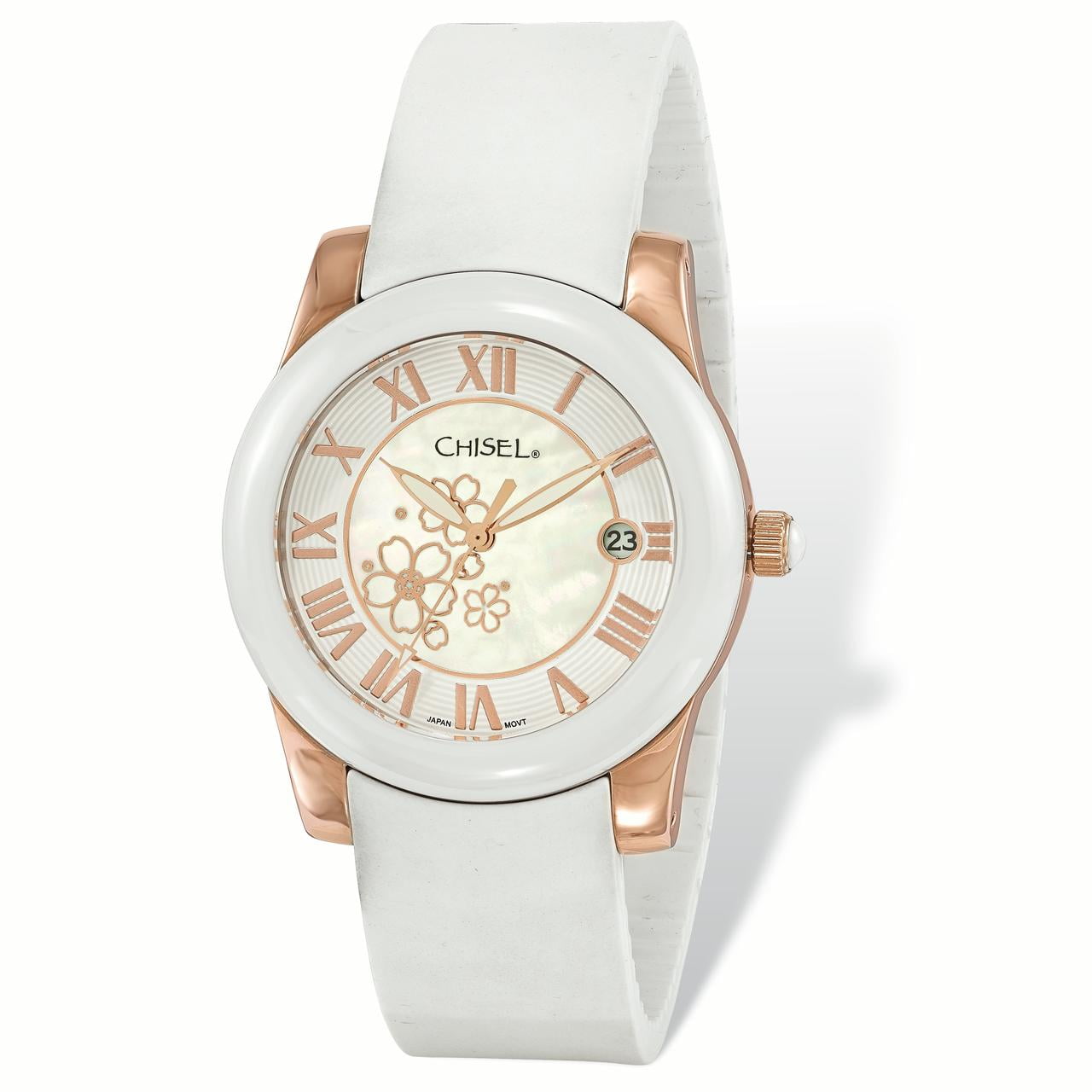 Ladies Chisel Rose IP-plated Floral Dial White Strap Watch - Walmart.com