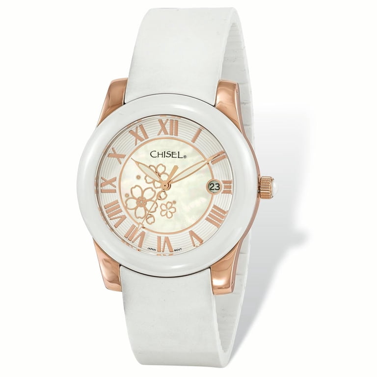 Ladies Chisel Rose IP-plated White Dial Ceramic Wrist Watch, 8 inch Length Ladies Chisel Rose IP-plated Floral Dial White Strap Watch  main image 4