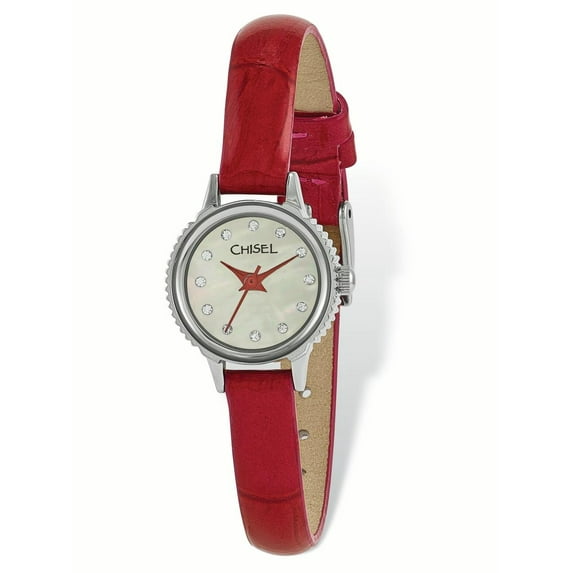 Ladies Chisel Stainless Steel Red Leather Strap Watch