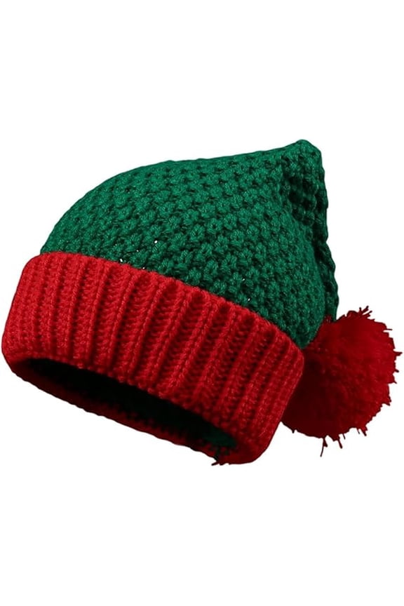 Ladies Christmas Elf Beanie Hats with Pom Pom Winter Striped Knitted Cozy Fashion Red/Green Festive Hats for Women