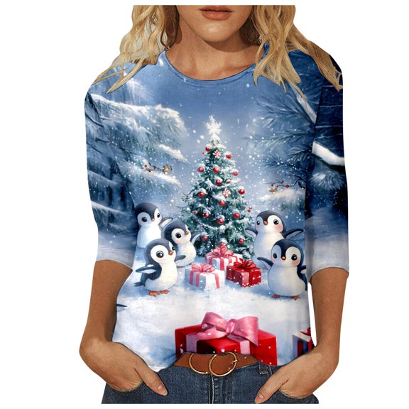 Ladies Christmas Penguin Series Quarter Sleeve