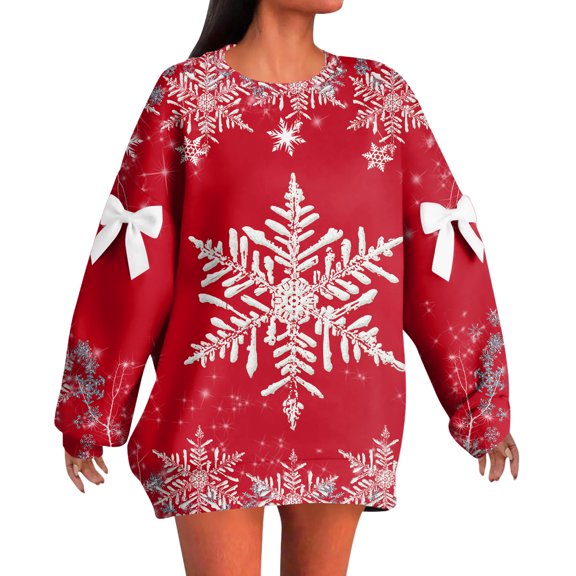 Ladies' Christmas Printed Bow Design Round Neck Long Sleeve Loose Fit Pullover Sweater Sweatshirt Top for Holiday Season