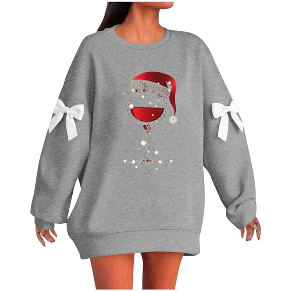 Ladies' Christmas Printed Bow Design Round Neck Long Sleeve Loose Fit Pullover Sweater Sweatshirt Top for Holiday Season
