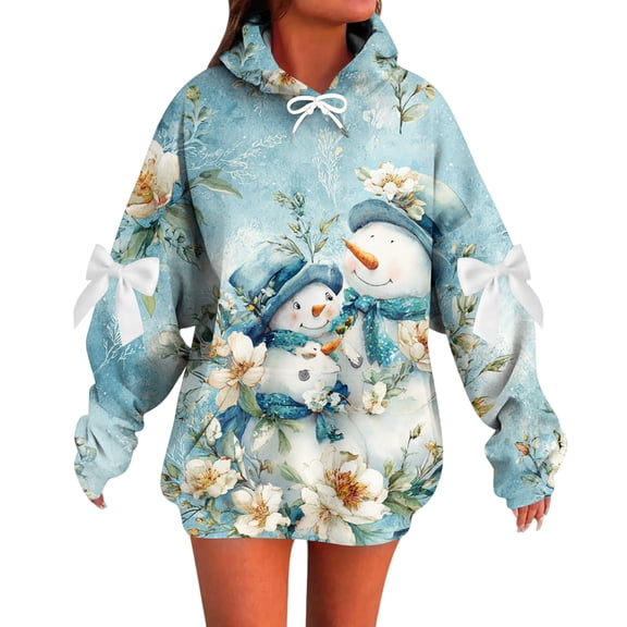 Ladies' Christmas Printed Bow Long Sleeved Loose Fitting Headband With Rope Hooded Sweatshirt Top for Holiday and Casual Wear