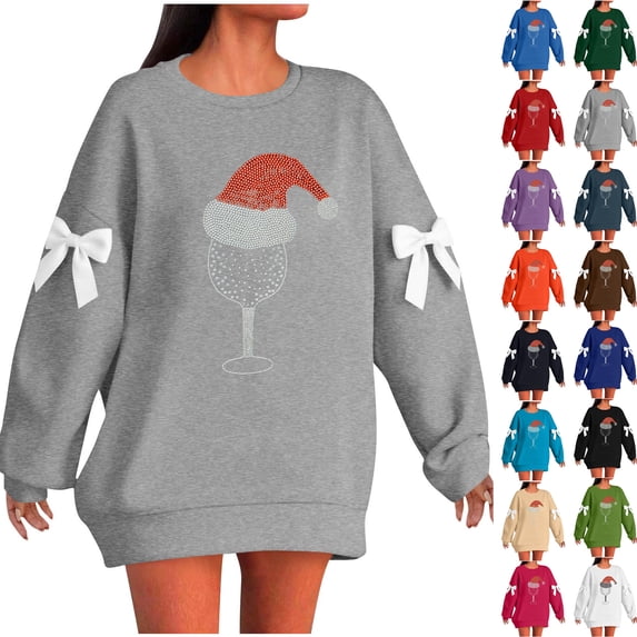 Ladies' Christmas Printed Bow Round Neck Long Sleeved Loose Pullover Sweater Sweatshirt Top, Elegant Fall Winter Fashion with Soft Fabric for Holiday Parties,Black,L