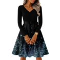 thumbnail image 1 of Ladies' Christmas Printed Casual And Fashionable V-Neck Long Sleeved Dress, Holiday Print, Retro Style, Party Wear, Casual Fashion, Everyday Dress,Dark Blue,S, 1 of 7