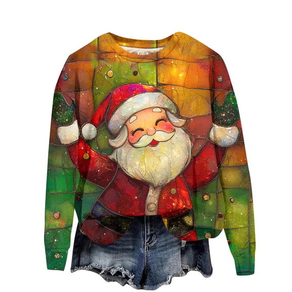 Ladies' Christmas Printed Casual Long Sleeved Round Neck Sports Hoodie Top, Comfortable Pullover for Women, Festive Holiday Apparel, Streetwear Style,Army Green,S