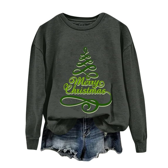 Ladies' Christmas Printed Casual Long Sleeved Round Neck Sports Hoodie Top, Comfortable Pullover for Women, Festive Holiday Apparel, Streetwear Style,Dark Gray,S