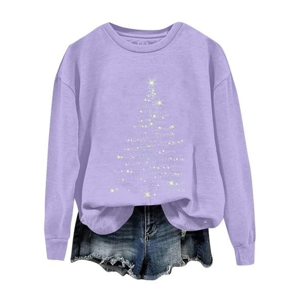 Ladies' Christmas Printed Casual Long Sleeved Round Neck Sports Hoodie Top, Comfortable Pullover for Women, Festive Holiday Apparel, Streetwear Style,Purple,2XL