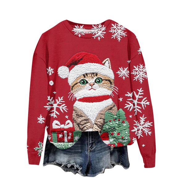 Ladies' Christmas Printed Casual Long Sleeved Round Neck Sports Hoodie Top, Comfortable Pullover for Women, Festive Holiday Apparel, Streetwear Style,Wine,M