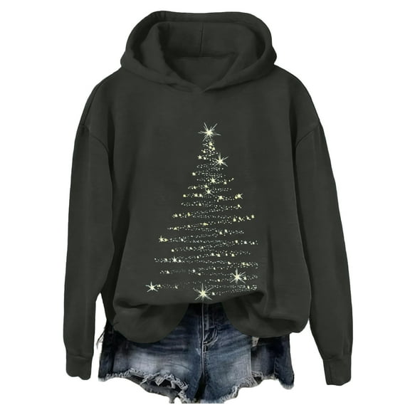 Ladies' Christmas Printed Casual Long Sleeved Round Neck Sports Hoodie Top for Holiday Season and Comfortable Athletic Wear,Dark Gray,S