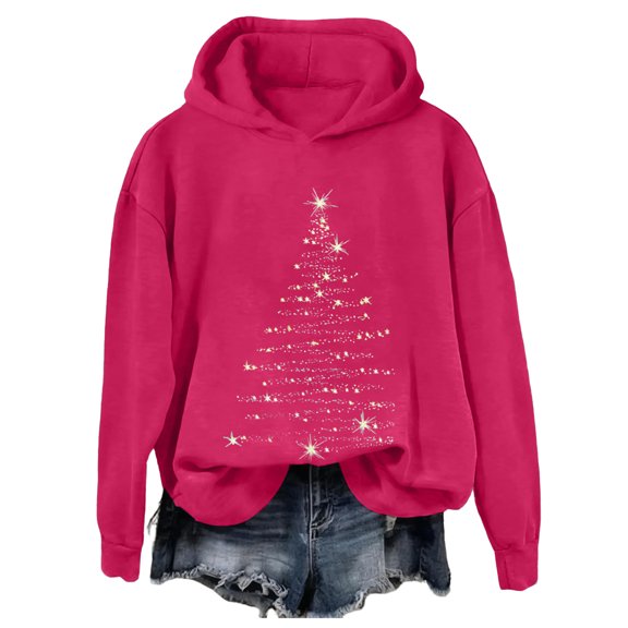 Ladies' Christmas Printed Casual Long Sleeved Round Neck Sports Hoodie Top for Holiday Season and Comfortable Athletic Wear,Hot Pink,S