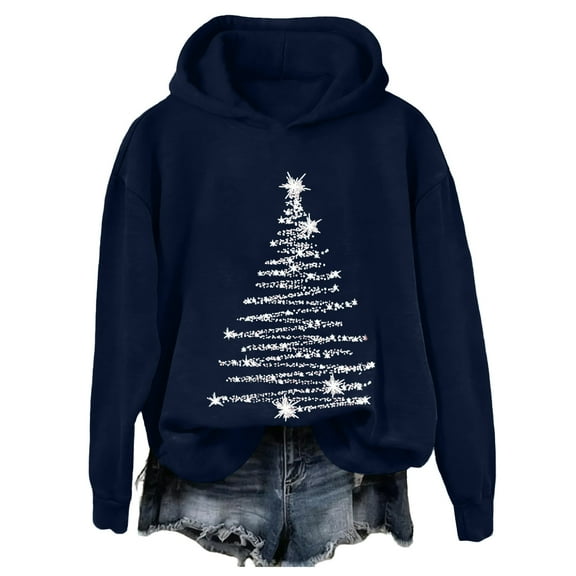 Ladies' Christmas Printed Casual Long Sleeved Round Neck Sports Hoodie Top for Holiday Season and Comfortable Athletic Wear,Navy,S