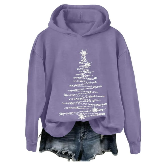 Ladies' Christmas Printed Casual Long Sleeved Round Neck Sports Hoodie Top for Holiday Season and Comfortable Athletic Wear,Purple,S