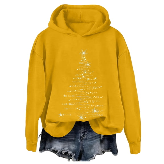 Ladies' Christmas Printed Casual Long Sleeved Round Neck Sports Hoodie Top for Holiday Season and Comfortable Athletic Wear,Yellow,S