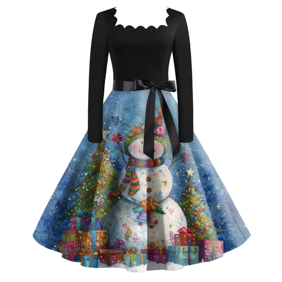 Ladies' Christmas Printed Fashionable Square Neck Casual Slim Fit Long Sleeved Dress for Women Holiday Party and Elegant Events,Blue,S