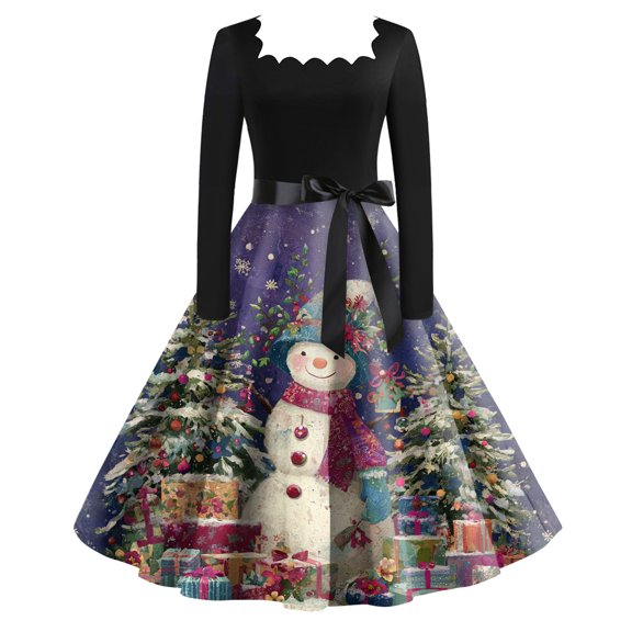 Ladies' Christmas Printed Fashionable Square Neck Casual Slim Fit Long Sleeved Dress for Women Holiday Party and Elegant Events,Purple,S