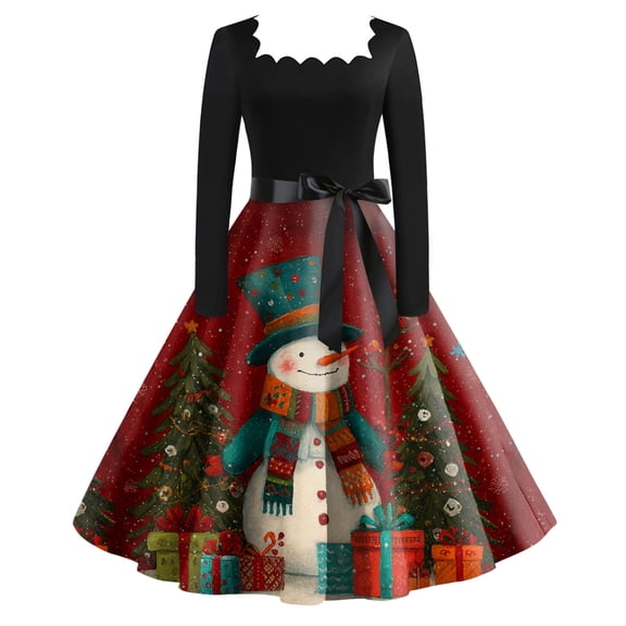 Ladies' Christmas Printed Fashionable Square Neck Casual Slim Fit Long Sleeved Dress for Women Holiday Party and Elegant Events,Wine,M