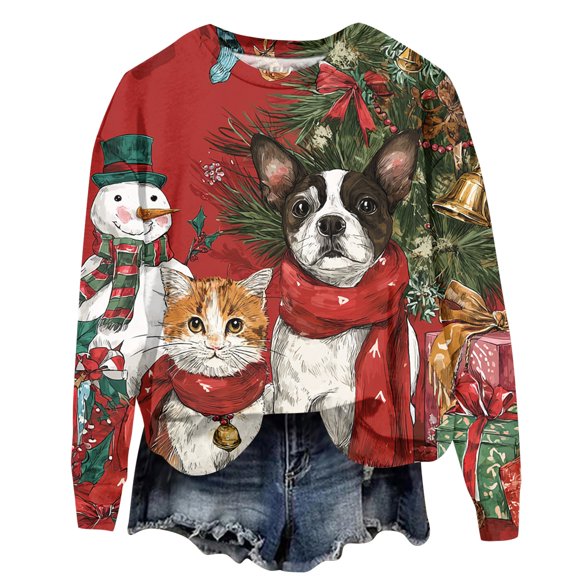 Ladies' Christmas Printed Long Sleeved Round Neck Hoodie Loose Top for Comfortable and Casual Fashion Wear