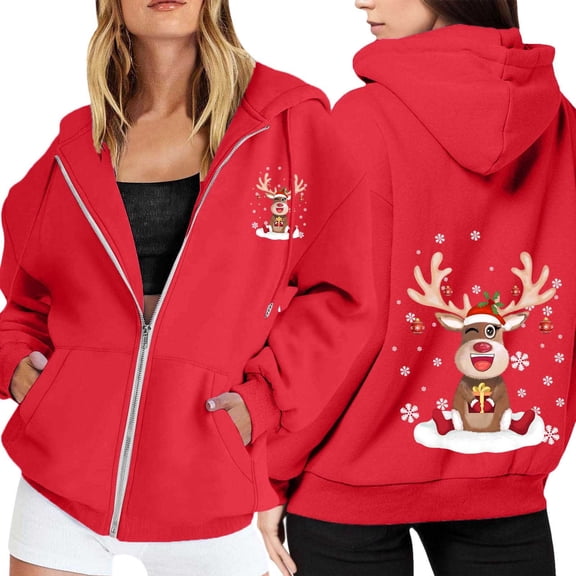 Ladies Christmas Printed Zipper Long Sleeve Hoodie with Drawstring and Pocket for Casual Wear