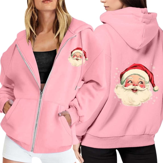 Ladies' Christmas Printed Zipper Long Sleeved Pocket Drawstring Casual Hooded Sweatshirt