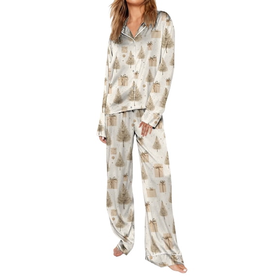Ladies Christmas Sleep Outfit Satin Nightwear Set Funny Print Long Sleeve Button Down Shirt and Pants