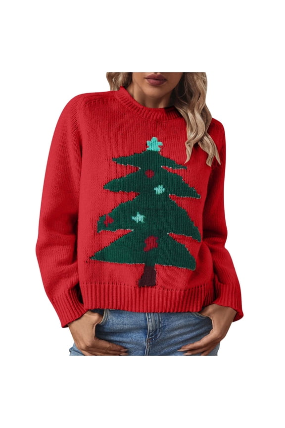 Ladies Christmas Sweaters Red Xmas Tree Knitted Pullover Ugly Holiday Sweaters Long Sleeve Crewneck Jumper Tops (M, Red)