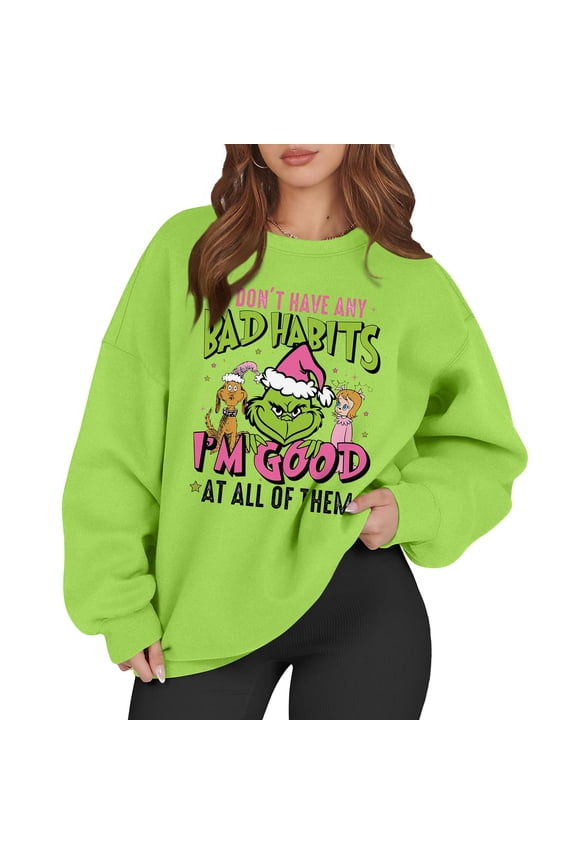 Ladies Christmas Sweatshirts Long Sleeve Funny Cute Xmas Crewneck Pullover 1-Green S