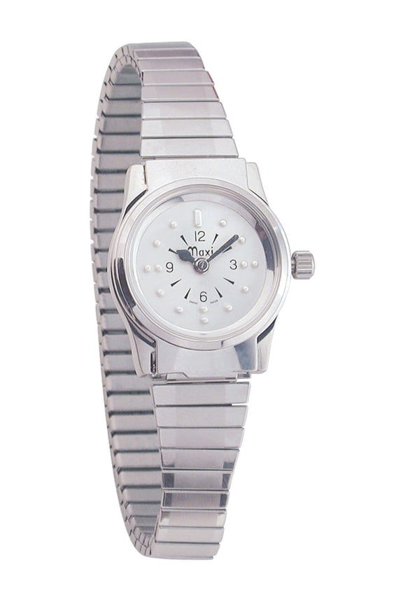 Ladies Chrome Quartz Braille Watch with Chrome Expansion Band