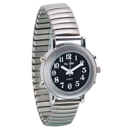 Ladies Chrome Talking Watch - Black Face, Expansion Band