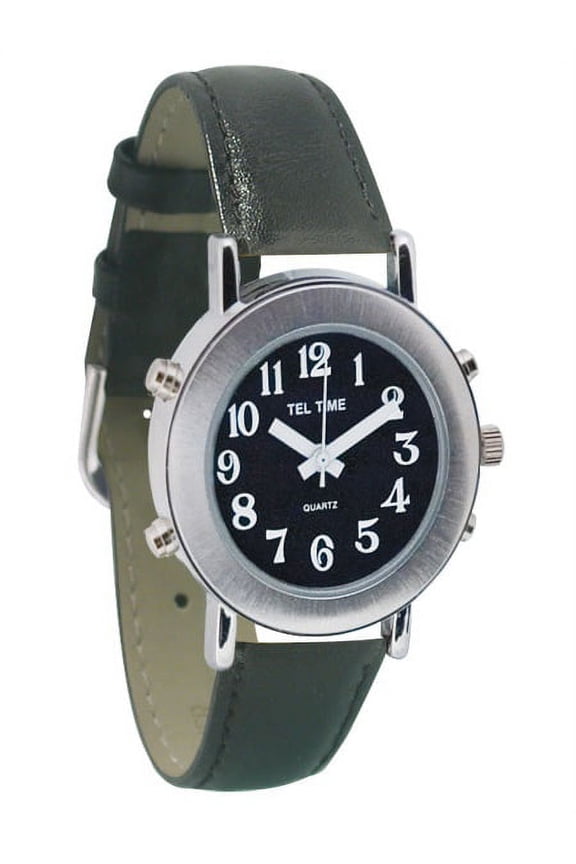 Ladies Chrome Talking Watch - Black Face, Leather Band
